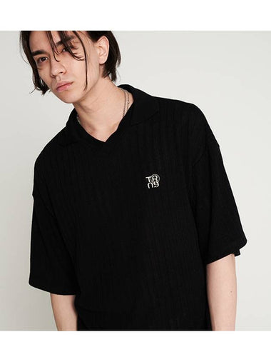 tnr V neck embroidered collar knit T shirt black - TENER - BALAAN 1