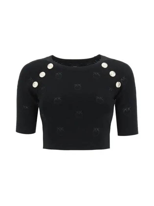 Monogram Gold Button Cropped Viscose Short Sleeve T-Shirt Black - PINKO - BALAAN 2