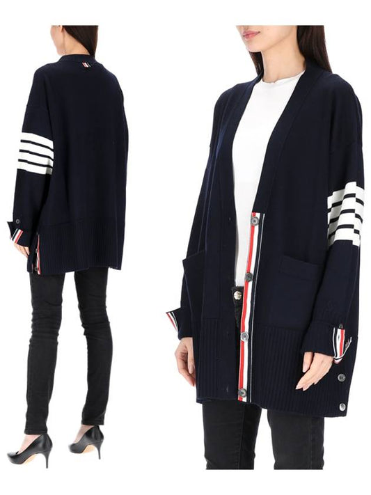 Fine Merino Wool 4-line Oversized Fit V-neck Cardigan Navy - THOM BROWNE - BALAAN 2
