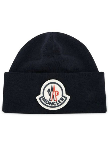 Maxi Logo Patch Wool Navy Beanie 9Z73600 A9526 742 - MONCLER - BALAAN 1