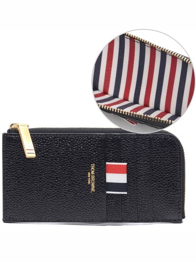 Stripe Zip Around Pebble Grain Leather Card Wallet Black - THOM BROWNE - BALAAN 2