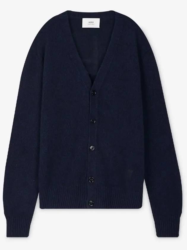 Heart Logo V Neck Cashmere Cardigan Navy - AMI - BALAAN 4