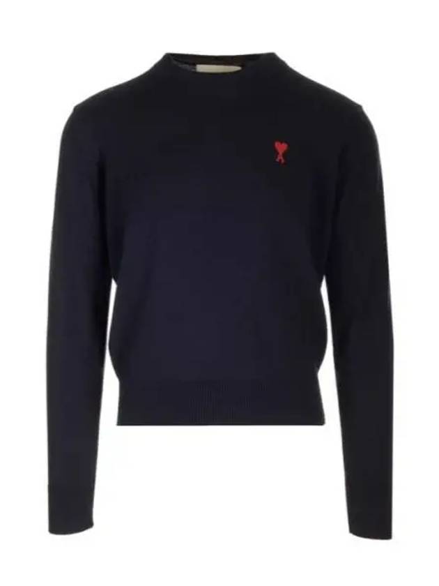 Heart Embroidered Logo Crew Neck Knit Top Navy - AMI - BALAAN 2