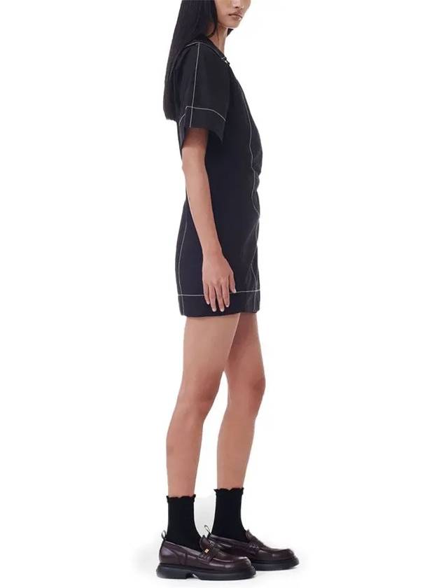 Poplin Wrap Contrast Stitching Cotton Short Dress Black - GANNI - BALAAN 4