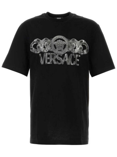 Logo Print Crewneck Short Sleeve T-Shirt Black - VERSACE - BALAAN 2