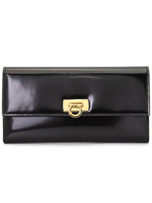 Gancini Flip Lock Leather Long Wallet Black - SALVATORE FERRAGAMO - BALAAN 2