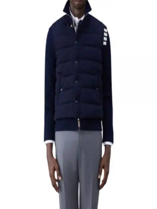 Men's Reversible Padded 4 Bar Funnel Neck Merino Jersey Padding Jacket Navy - THOM BROWNE - BALAAN 2