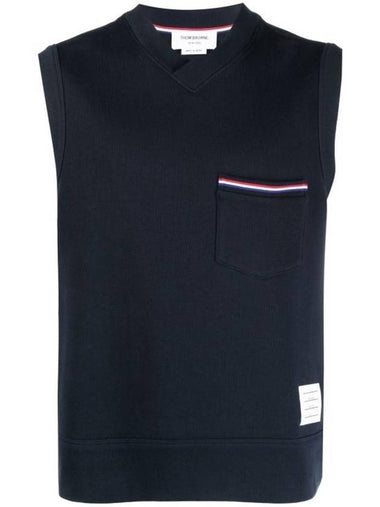 Interlock V-Neck Cotton Vest Navy - THOM BROWNE - BALAAN 1