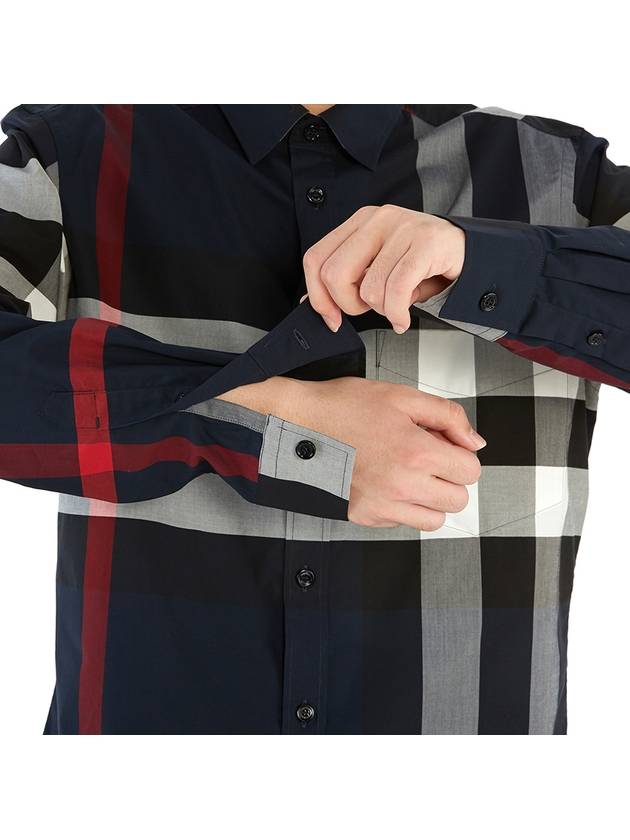 Men's Checked Stretch Cotton Poplin Long Sleeve Shirt Navy - BURBERRY - BALAAN 11