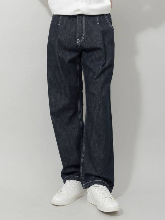 Winter Peach Brushed Pintuck Non-fade Raw String Slab Wide Denim Pants Blue - GOLD PERCENT - BALAAN 2