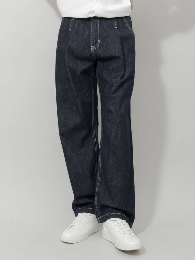 Winter Peach Brushed Pintuck Non-fade Raw String Slab Wide Denim Pants Blue - GOLD PERCENT - BALAAN 1