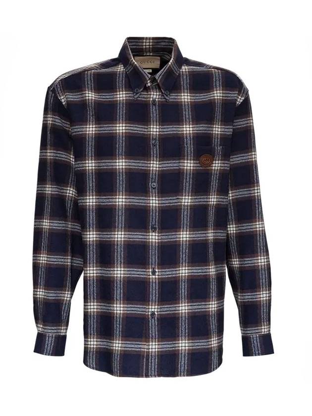 Interlocking Check Wool Long Sleeve Shirt Navy - GUCCI - BALAAN 1