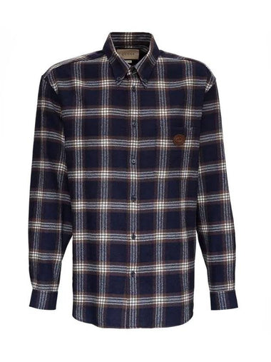 Interlocking Logo Patch Check Wool Long Sleeve Shirt Navy - GUCCI - BALAAN 1