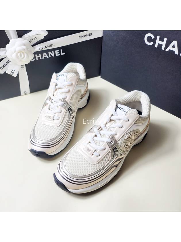 Women CC Logo Fabric Laminated Low Top Sneakers Silver Ivory - CHANEL - BALAAN 10