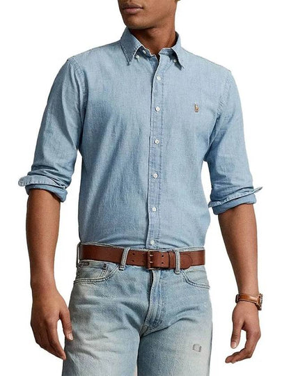 Men's Embroidered Logo Custom Fit Chambray Long Sleeve Shirt Blue - POLO RALPH LAUREN - BALAAN 2