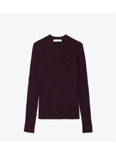 Women s Slim Fit Rib Tissue Crew Neck Sweater Dark Brown - LACOSTE - BALAAN 1