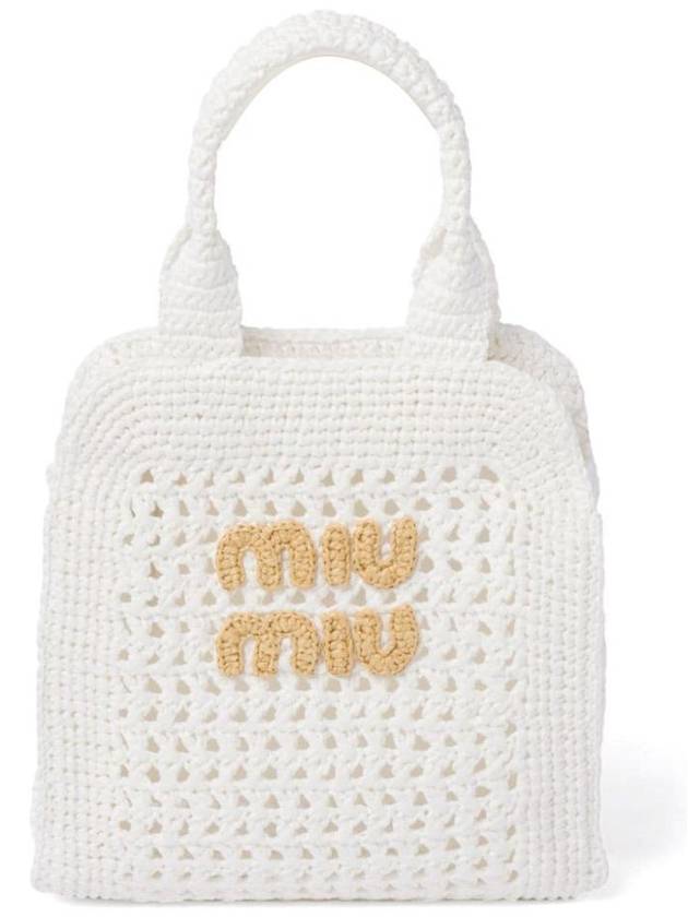 Raffia Effect Crochet Fabric Tote Bag White - MIU MIU - BALAAN 1