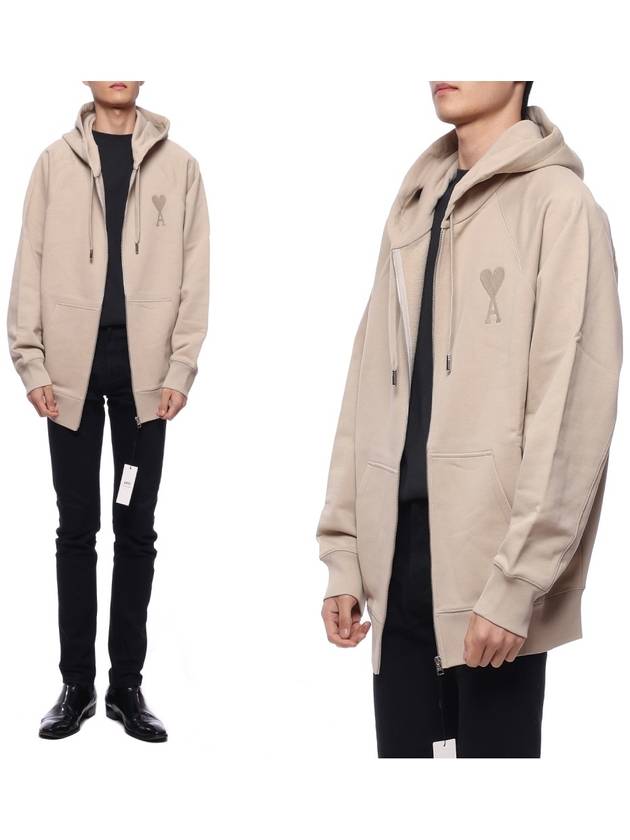 Men's Heart Embroidered Logo Hooded Zip-Up Beige - AMI - BALAAN.