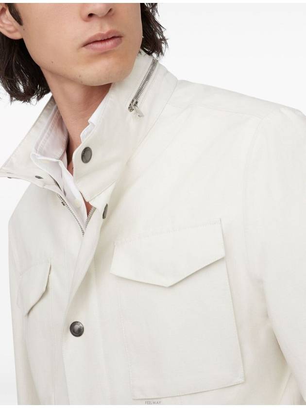 Stand-Up Collar Linen Blend Coat Offwhite - BRUNELLO CUCINELLI - BALAAN 4