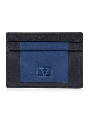 V Logo Leather Card Wallet Navy - VALENTINO - BALAAN 1