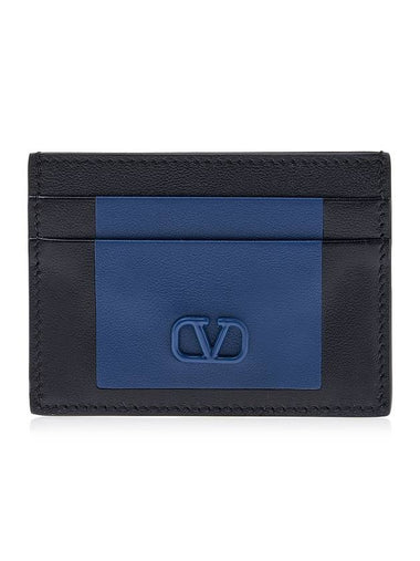 V Logo Leather Card Wallet Navy - VALENTINO - BALAAN 1