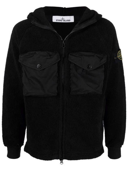 Men's Waffen Patch Shearling Hooded Jacket Black - STONE ISLAND - BALAAN 1