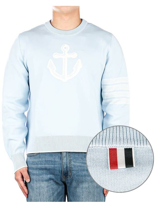 Men's Anchor Jacquard 4-Bar Crew Neck Knit Top Light Blue - THOM BROWNE - BALAAN 2