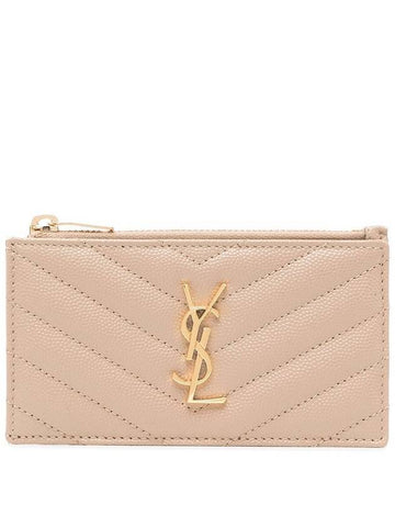 Monogram Fragment Zipper Card Wallet Dark Beige - SAINT LAURENT - BALAAN 1