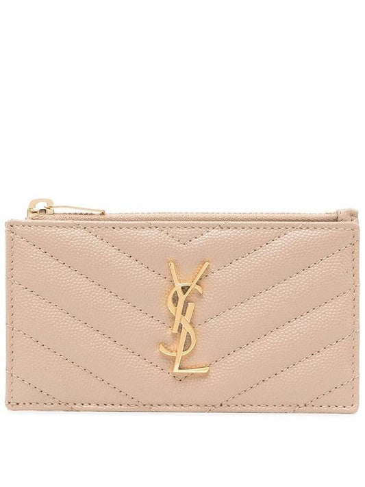 Monogram Fragment Zipper Card Wallet Dark Beige - SAINT LAURENT - BALAAN 1