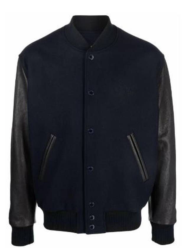 Distressed Leather Sleeve Wool Bomber Jacket Dark Blue - GOLDEN GOOSE - BALAAN 4