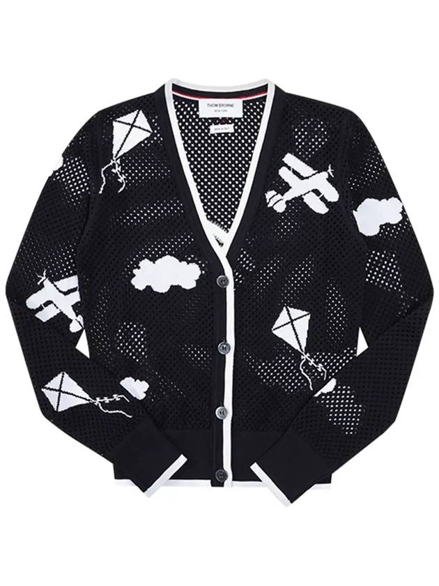 Cotton Mesh Sky Icon V Neck Cardigan Black - THOM BROWNE - BALAAN 6