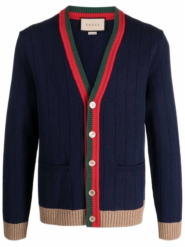 V-Neck Rib Knit Wool Cardigan Navy - GUCCI - BALAAN 2