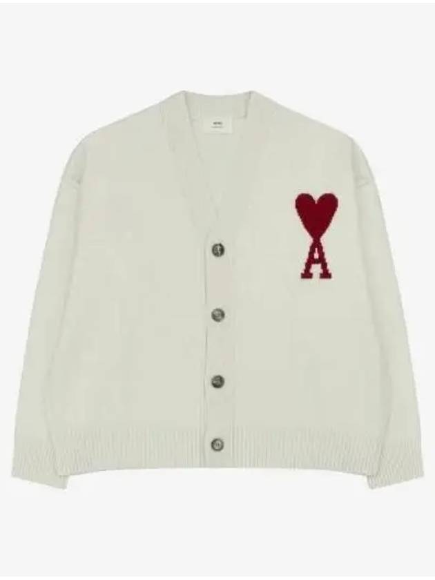 Heart Logo V Neck Wool Cardigan Off White - AMI - BALAAN 3