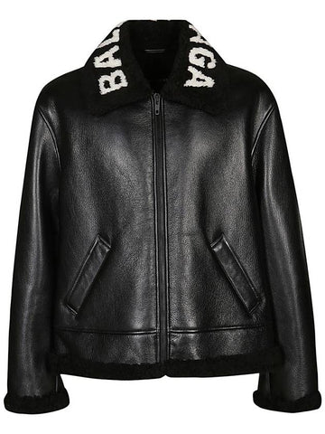 Logo Shearling Collar Leather Jacket Black - BALENCIAGA - BALAAN 1