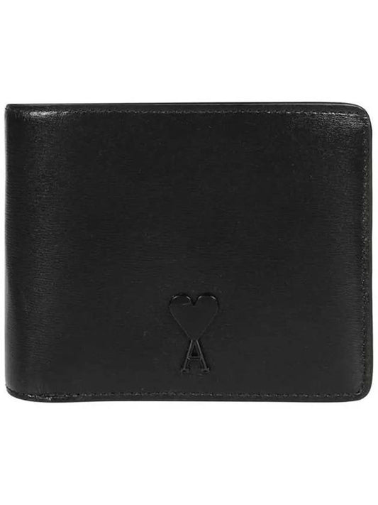 Heart Logo Bi Fold Leather Half Wallet Black - AMI - BALAAN.