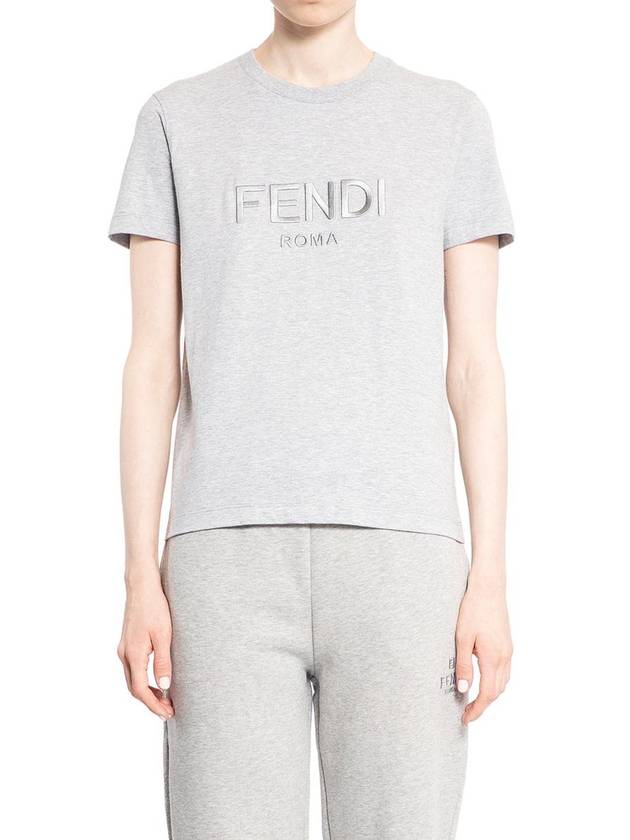 Lettering Embroidered Short Sleeve Cotton T-Shirt Grey - FENDI - BALAAN 2