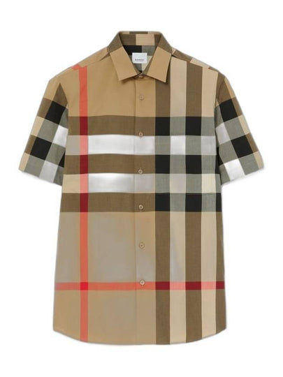 Men's Check Motif Cotton Short Sleeve Shirt Beige - BURBERRY - BALAAN 2