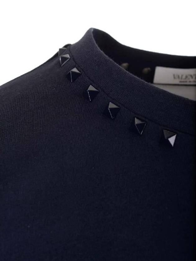 Rockstud Neckline Short Sleeve T-Shirt Navy - VALENTINO - BALAAN 3