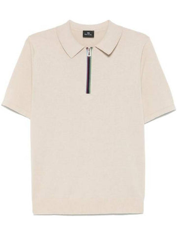 Sports Stripe Zip Knitted Cotton Polo Shirt Beige - PAUL SMITH - BALAAN 1