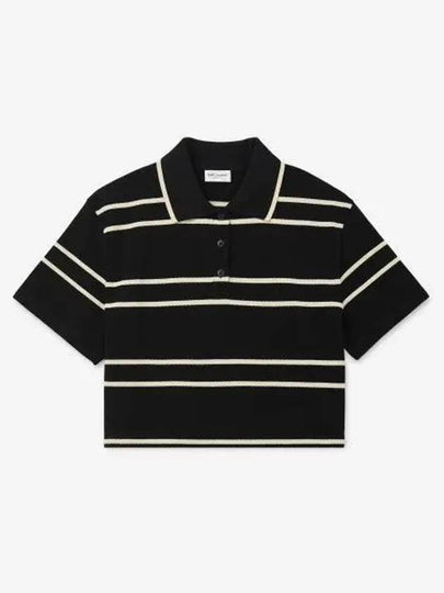 Cassandre Stripe Cotton Crop Polo Shirt Black - SAINT LAURENT - BALAAN 2