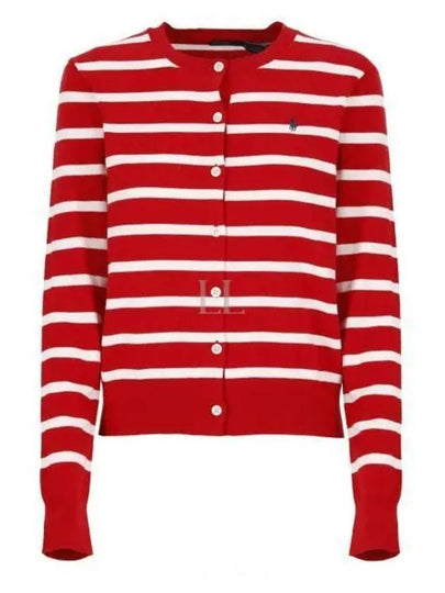 Embroidery Logo Striped Crew Neck Cardigan Red - POLO RALPH LAUREN - BALAAN 2