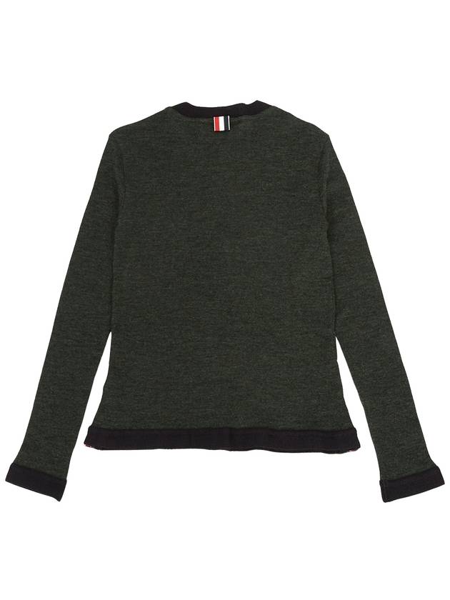 Wool Ribbed Contrast Trim Crewneck Cardigan Dark Green - THOM BROWNE - BALAAN 3