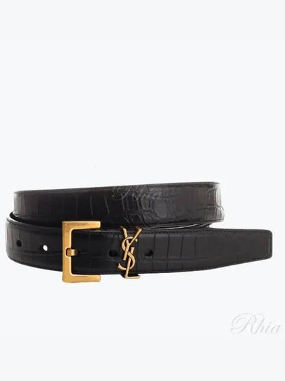 Cassandra Square Crocodile Leather Buckle Belt Black - SAINT LAURENT - BALAAN 2