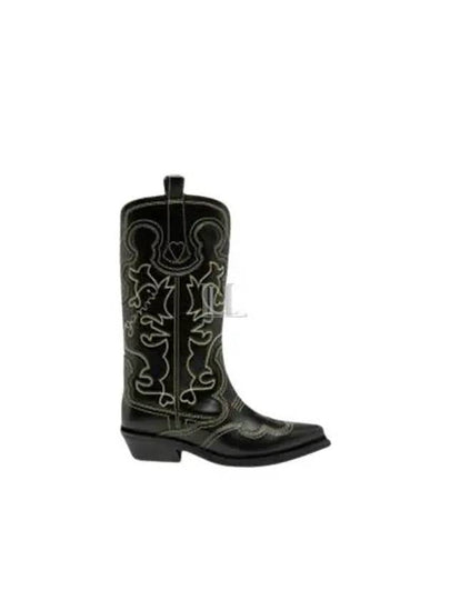 Embroidered Western Leather Middle Boots Black - GANNI - BALAAN 2