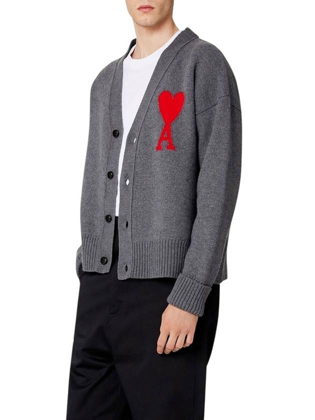 Heart Logo V Neck Wool Cardigan Heather Grey - AMI - BALAAN 5