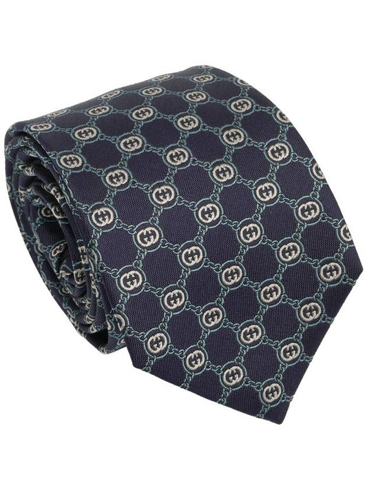 695407 Navy Interlocking G Blue Chain Pattern Slim Silk Tie - GUCCI - BALAAN 1