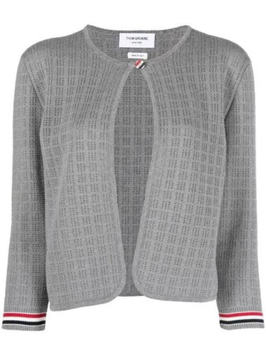 Grid Stitch Pointelle Cropped Crew Neck Cardigan Grey - THOM BROWNE - BALAAN 1