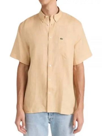 Men's Logo Patch Cotton Short Sleeve Shirt Beige - LACOSTE - BALAAN 1