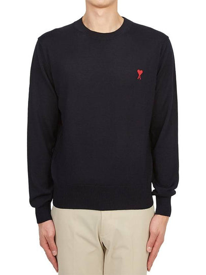 Heart Embroidered Logo Crew Neck Knit Top Navy - AMI - BALAAN 2