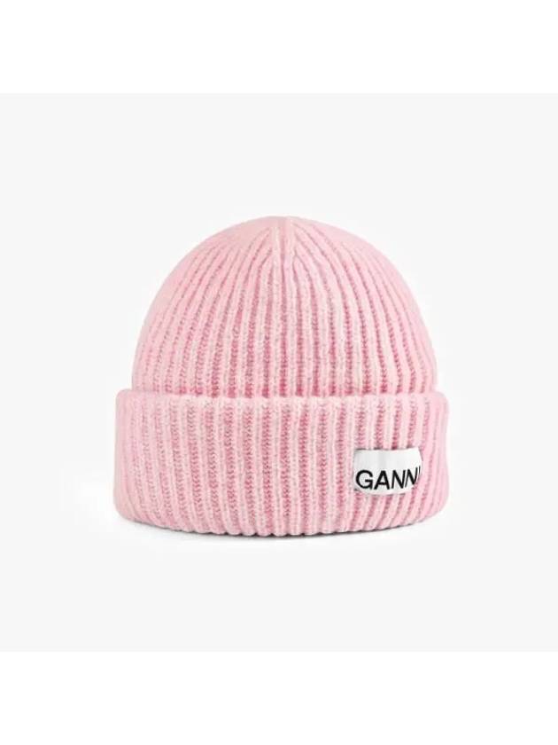 Logo Patch Knit Beanie Pink - GANNI - BALAAN 3